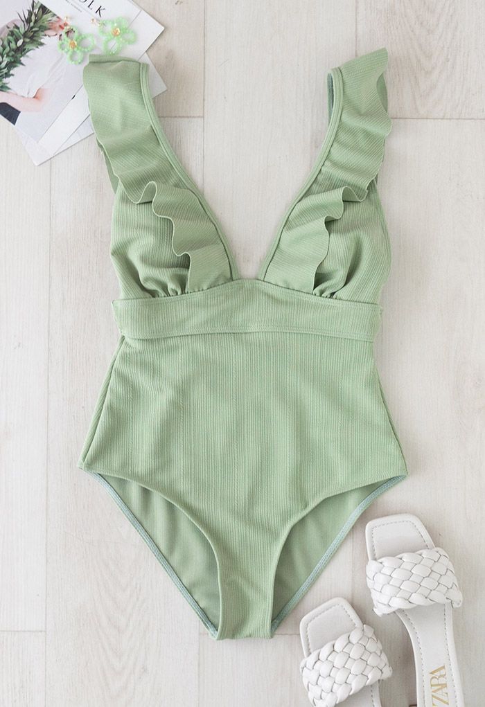 Deep-V Lace-Up Ruffle Swimsuit in Mint | Chicwish