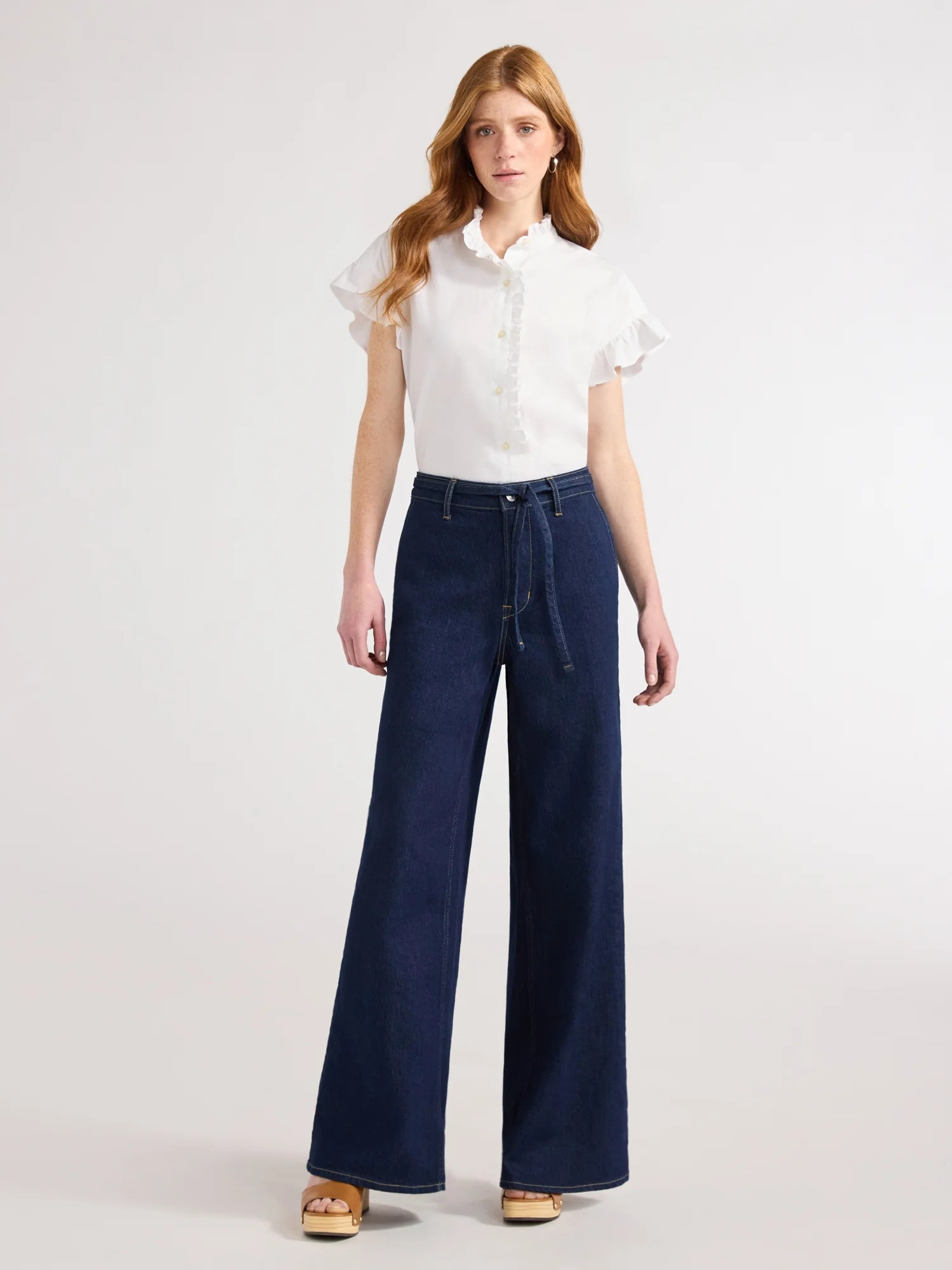 Free Assembly Women's and Women's Plus Ruffle Trim Neck Top with Short Sleeves, Sizes XS-4X | Walmart (US)