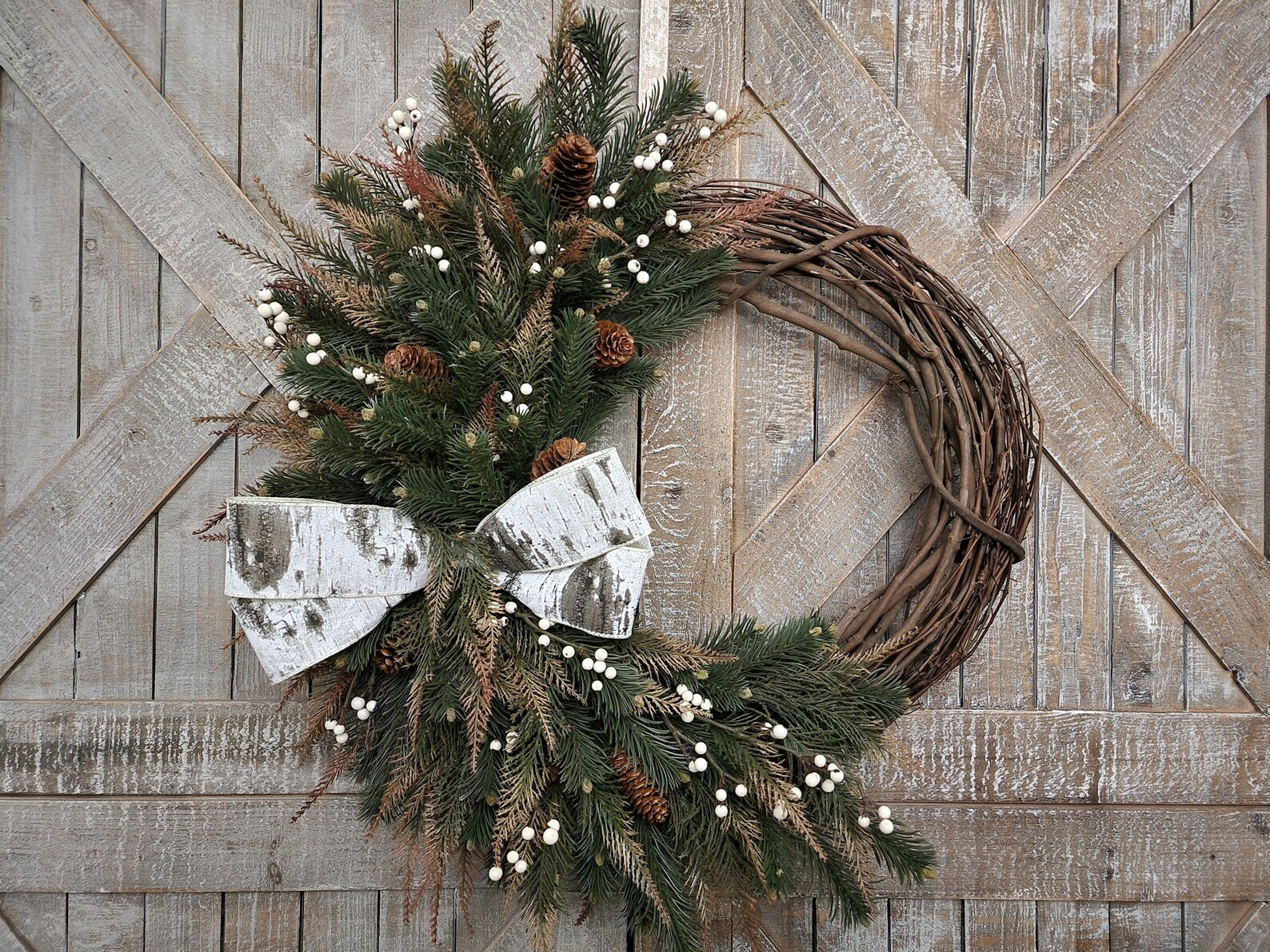 Winter Pine and White Berry Wreath Neutral Rustic Christmas - Etsy | Etsy (US)
