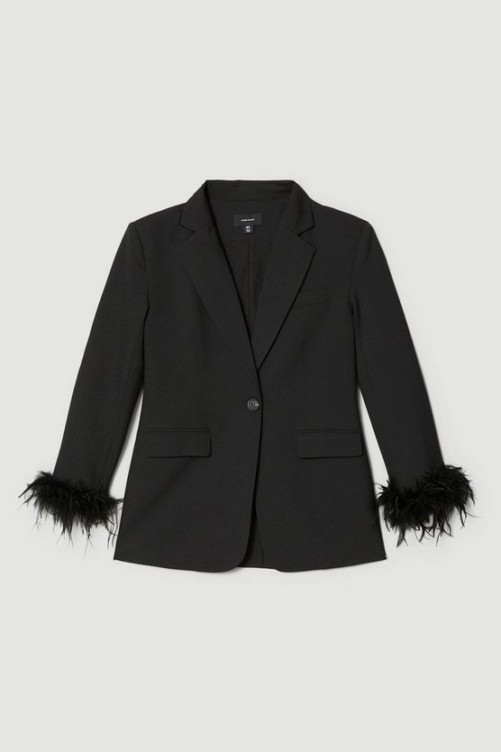 Feather Cuff Detail Single Breasted Blazer | Karen Millen UK + IE + DE + NL