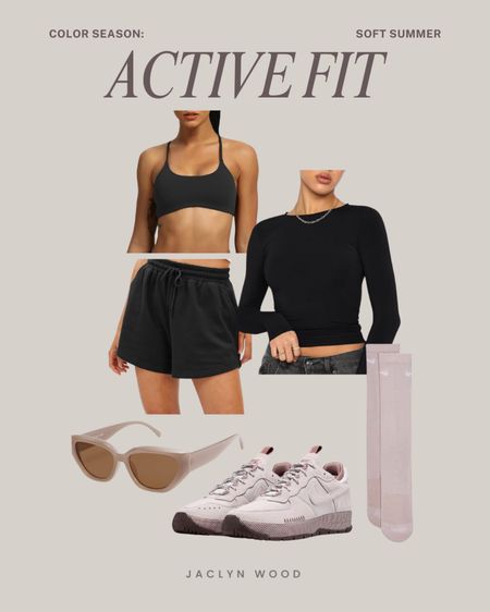 All black athleisure active set (sports bra, shorts, long sleeve top) paired with muted taupe-pink socks, shoes and cat eye sunglasses adding in more colors from the Soft Summer season palette to soften outfit. 

#LTKstyletip #LTKActive #LTKfitness