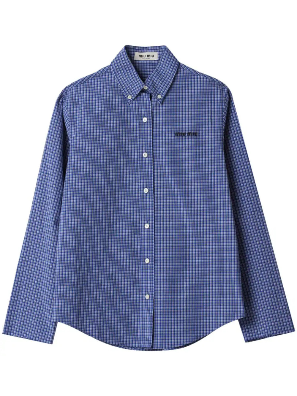 Miu Miu logo-embroidered checked shirt - Blue | Farfetch Global