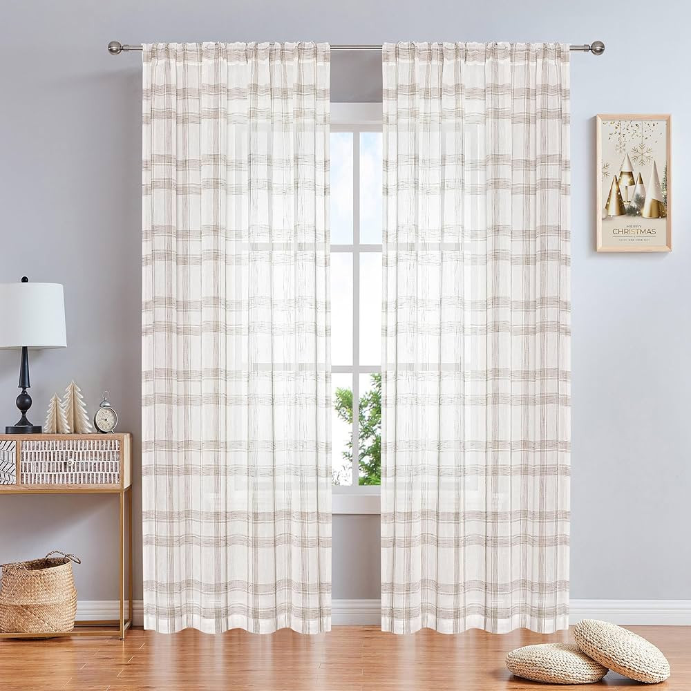 Randall Geometric Check Curtain Panel 95 Inches Long for Living Room Linen Blend Semi Sheer Backt... | Amazon (US)