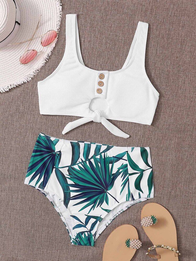 Tropical Rib Knot Front Bikini Swimsuit | SHEIN