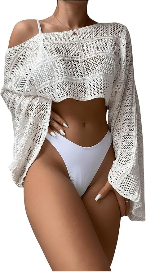 SHENHE Women's Hollow Out Crochet Boat Neck Long Sleeve Sheer Crop Swimsuit Cover Up Top | Amazon (US)