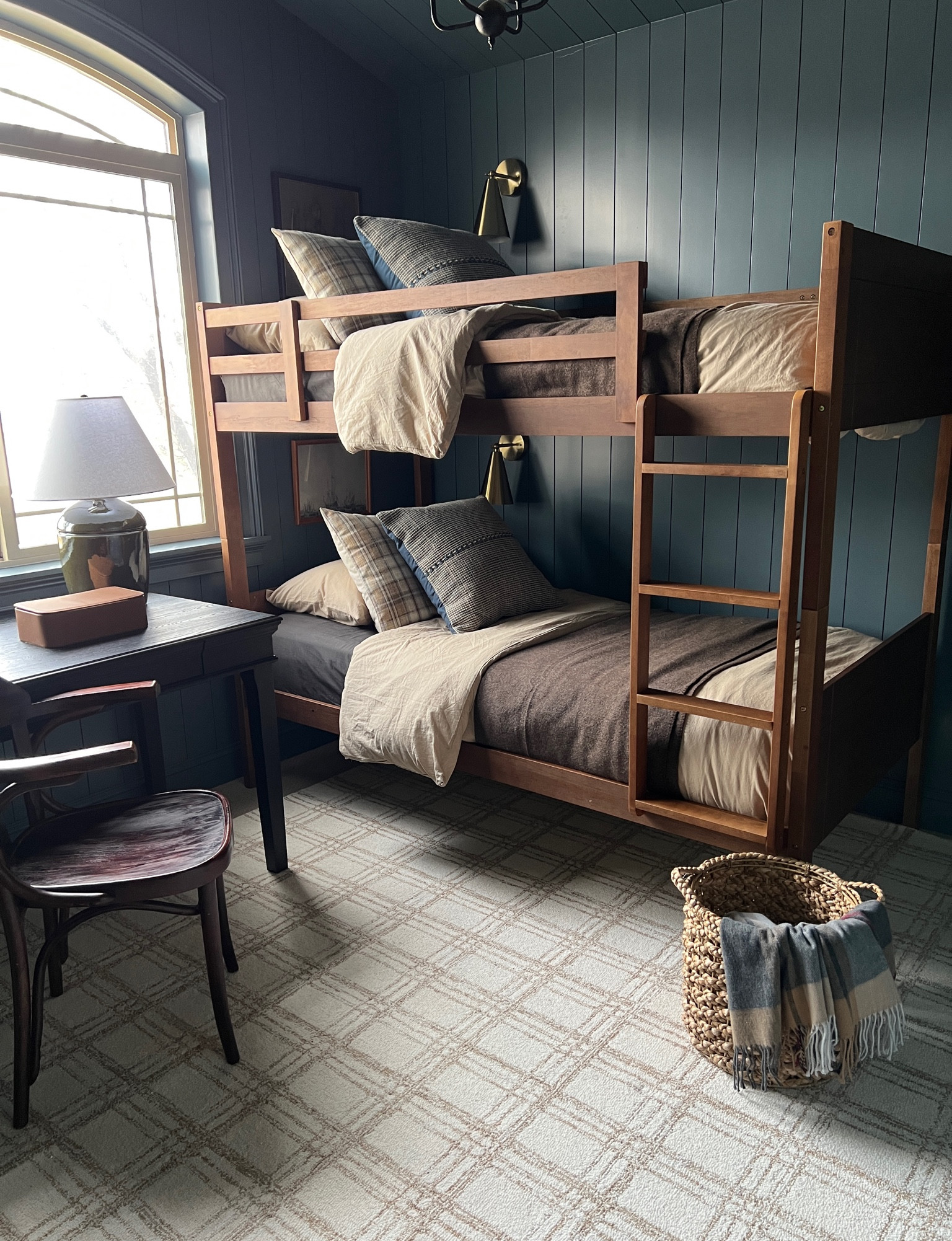 Boys moody bedroom 

Bunk bed shiplap shared room linen look wool blanket duvet cover quilt stripe plaid check rug maby green neutral tartan tan sand colored natural flax black wooden desk #LTKMostLoved

#LTKhome #LTKstyletip