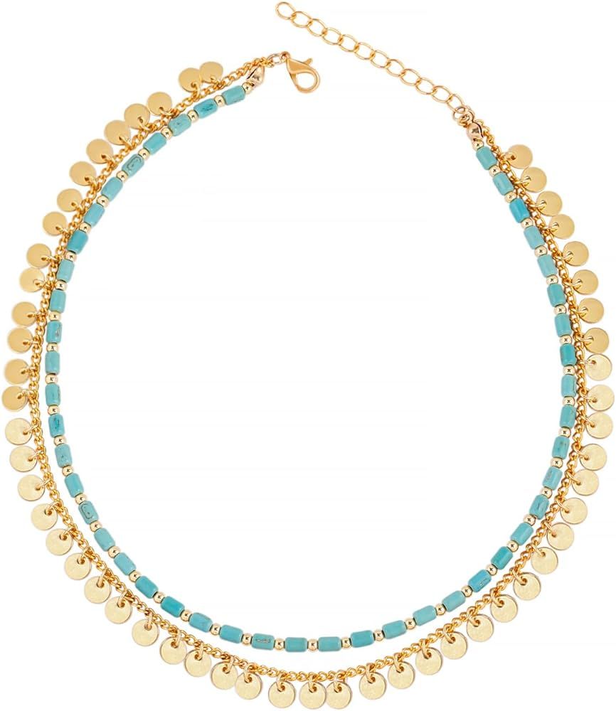 Tan Ran Boho Double Layer Choker Necklace For Women Turquoise Layered Beaded Necklaces - Gold Dis... | Amazon (US)