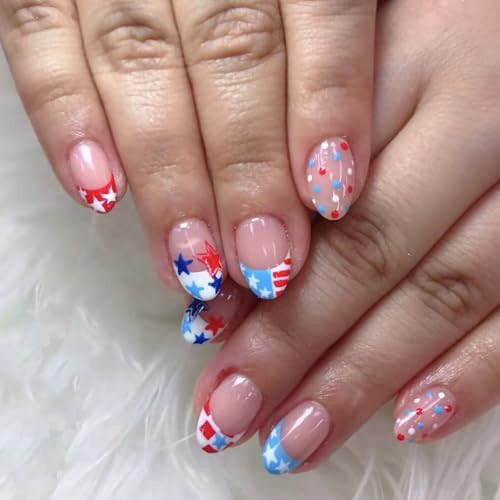 24Pcs 4th of July French Tip Press on Nails Short Almond Fake Nails with Red Blue Star American Flag Design Independence Day False Nails Nude Artificial Glue on Nails Glossy Stick on Nails for Women | Amazon (US)