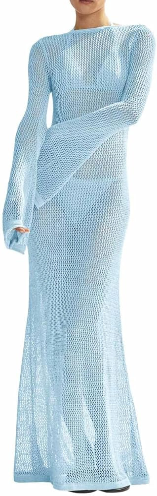 Saodimallsu Womens Crochet Cover Ups Long Sleeve Sexy Mesh Backless Knit Swimsuit Coverup Beach M... | Amazon (US)