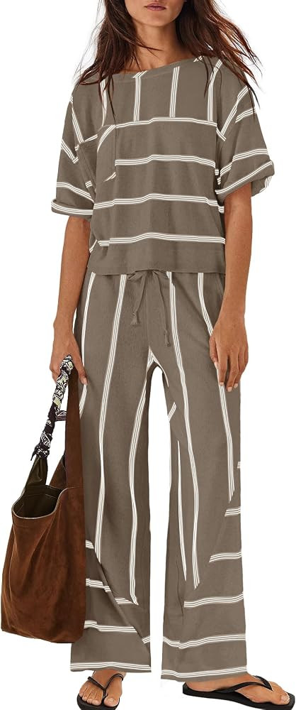 Nirovien Womens Striped Lounge Set 2 Piece Vacation Sets Short Sleeve Tops and Wide Leg Pants Tra... | Amazon (US)