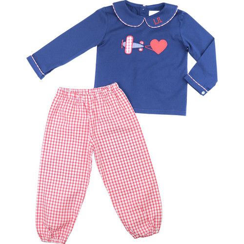 Navy And Red Knit Airplane Valentine Pant Set | Cecil and Lou