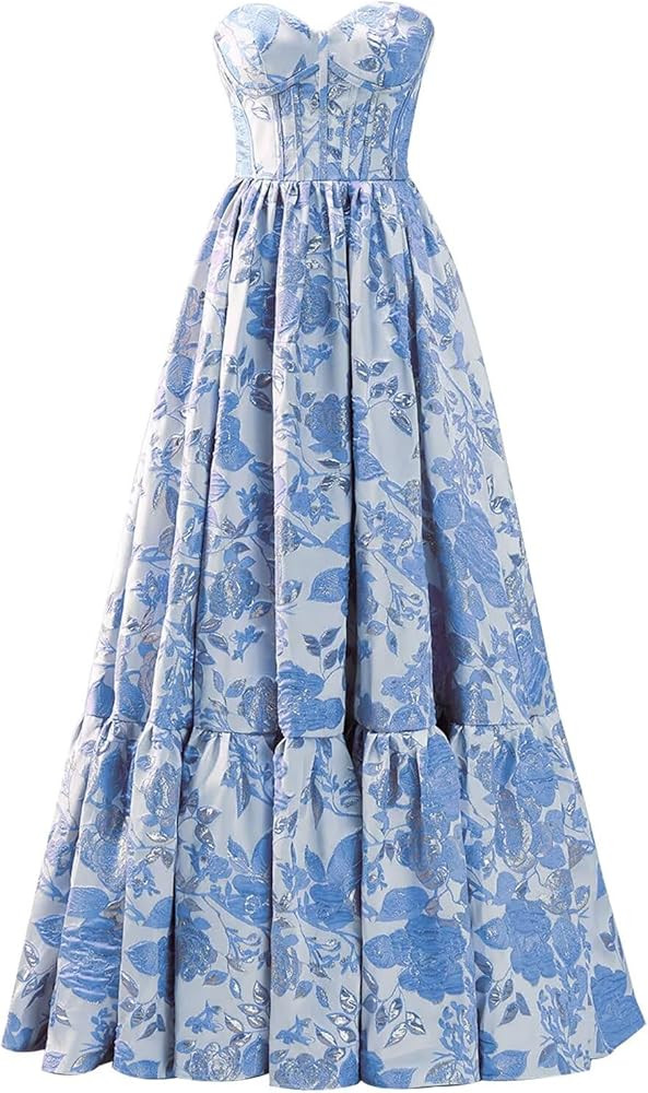 Mollyevers Satin Floral Jacquard Prom Dresses for Women Strapless Corset Long Formal Evening Gown... | Amazon (US)