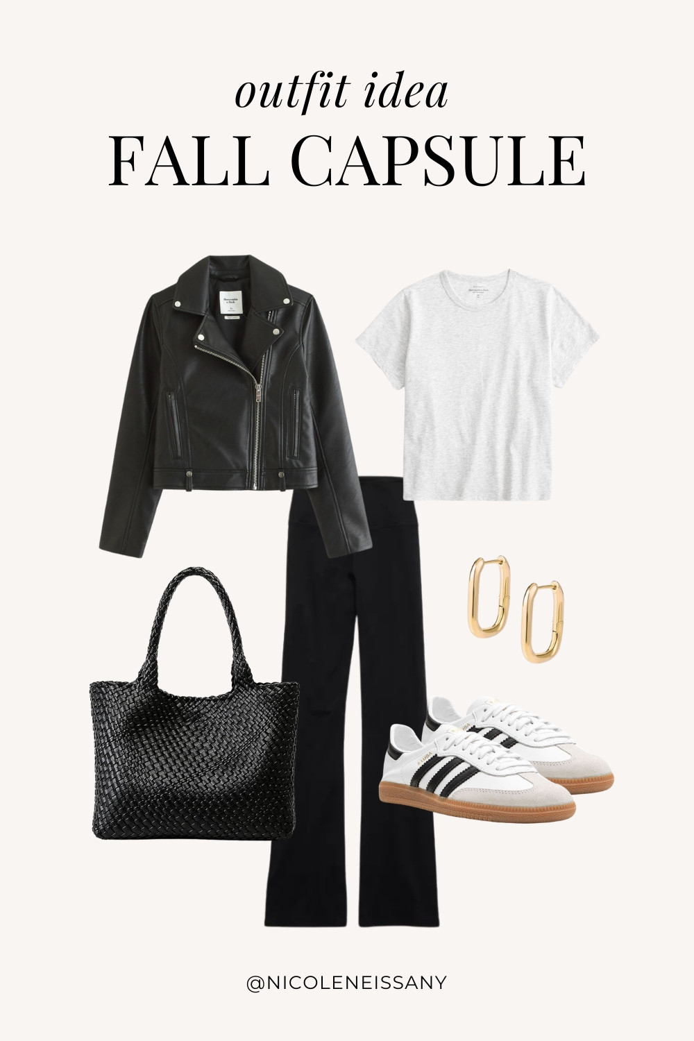 Fall Capsule Wardrobe Outfit Idea | fall capsule outfit, fall outfit, fall outfits, fall style, fall fashion, fall 2024 fashion, fall outfits 2024, fall trends 2024, fall outfit inspo, fall outfit inspiration, fall capsule wardrobe essentials, fall wardrobe essentials, fall closet essentials, fall essentials, fall basics, fall must haves, neutral capsule wardrobe, neutral outfit, neutral fashion, casual outfit, casual date night outfit, errands outfit, brunch outfit, everyday outfit, lazy day outfit, Abercrombie, Abercrombie denim, Abercrombie jeans, Amazon Fashion, Revolve, Aerie, Nordstrom // fall jacket, leather jacket, moto jacket, t-shirt, basic tee, flared leggings, adidas samba decon sneakers, gold square hoop earrings, woven tote bag

#LTKSaleAlert #LTKFindsUnder100 #LTKTravel #LTKSeasonal #LTKStyleTip #LTKItBag #LTKFindsUnder50 #LTKShoeCrush