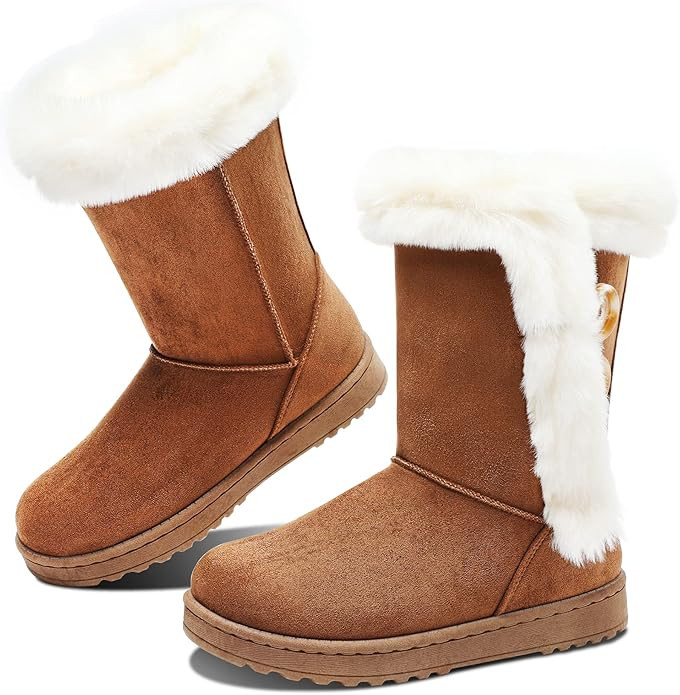 Obtaom Women’s Winter Snow Boots Fur Lined Short Mid Calf Fashion Boot Art Resin Button Faux Su... | Amazon (US)