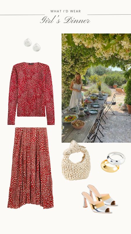 Strawberry top and skirt, shell bag, bangles, metallic heels 

#LTKSeasonal