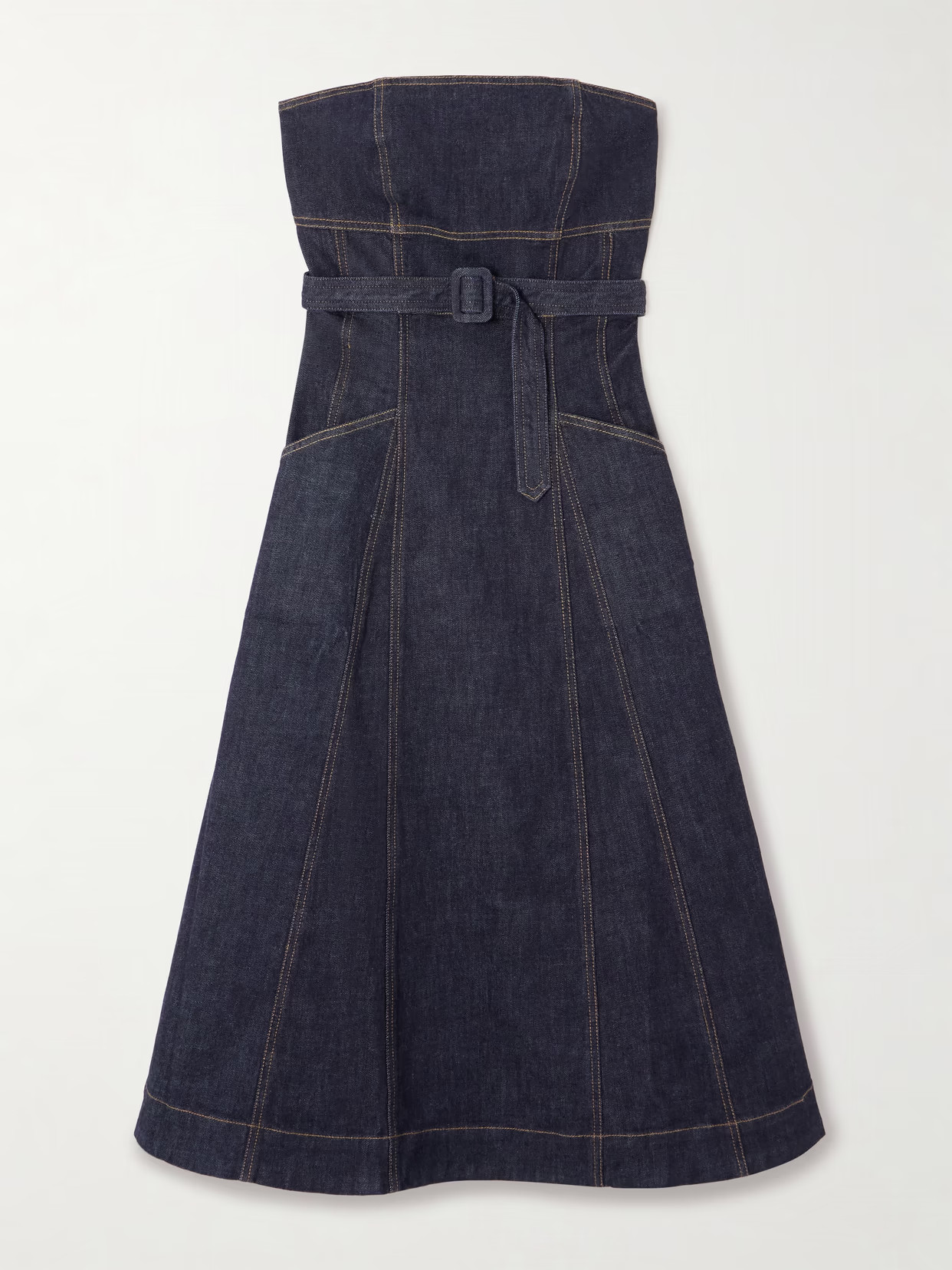 Self-Portrait - Strapless Belted Paneled Denim Midi Dress - Blue | NET-A-PORTER (US)