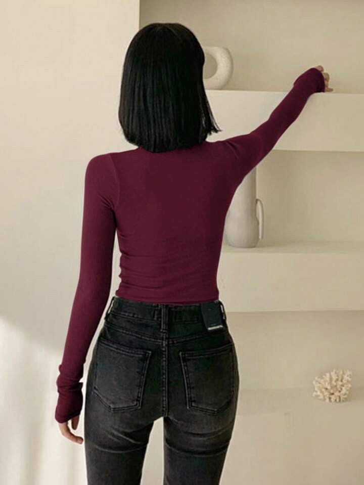 DAZY Women's Casual Solid Color Turtleneck Fitted T-Shirt, Spring And Autumn Long Sleeve Women To... | SHEIN