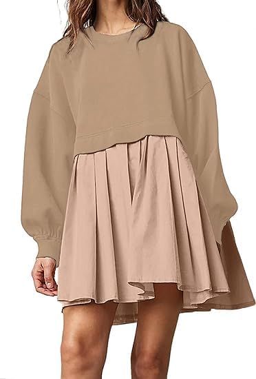 Meladyan Women Oversized Patchwork Mini Sweatshirt Dress Color Block Long Sleeve Crewneck Loose P... | Amazon (US)