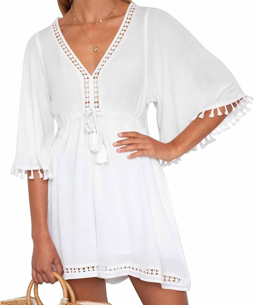 Fixmatti Shorts Romper for Women V Neck Beach Rompers Crochet Tassel Shorts Pant Jumpsuit Playsuit | Amazon (US)