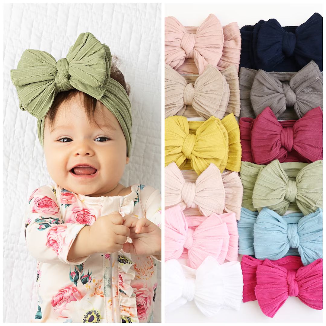 Big Bow Baby Headband, knit nylon headband, infant bow, large bow headwrap, bow turban, cable kni... | Etsy (US)