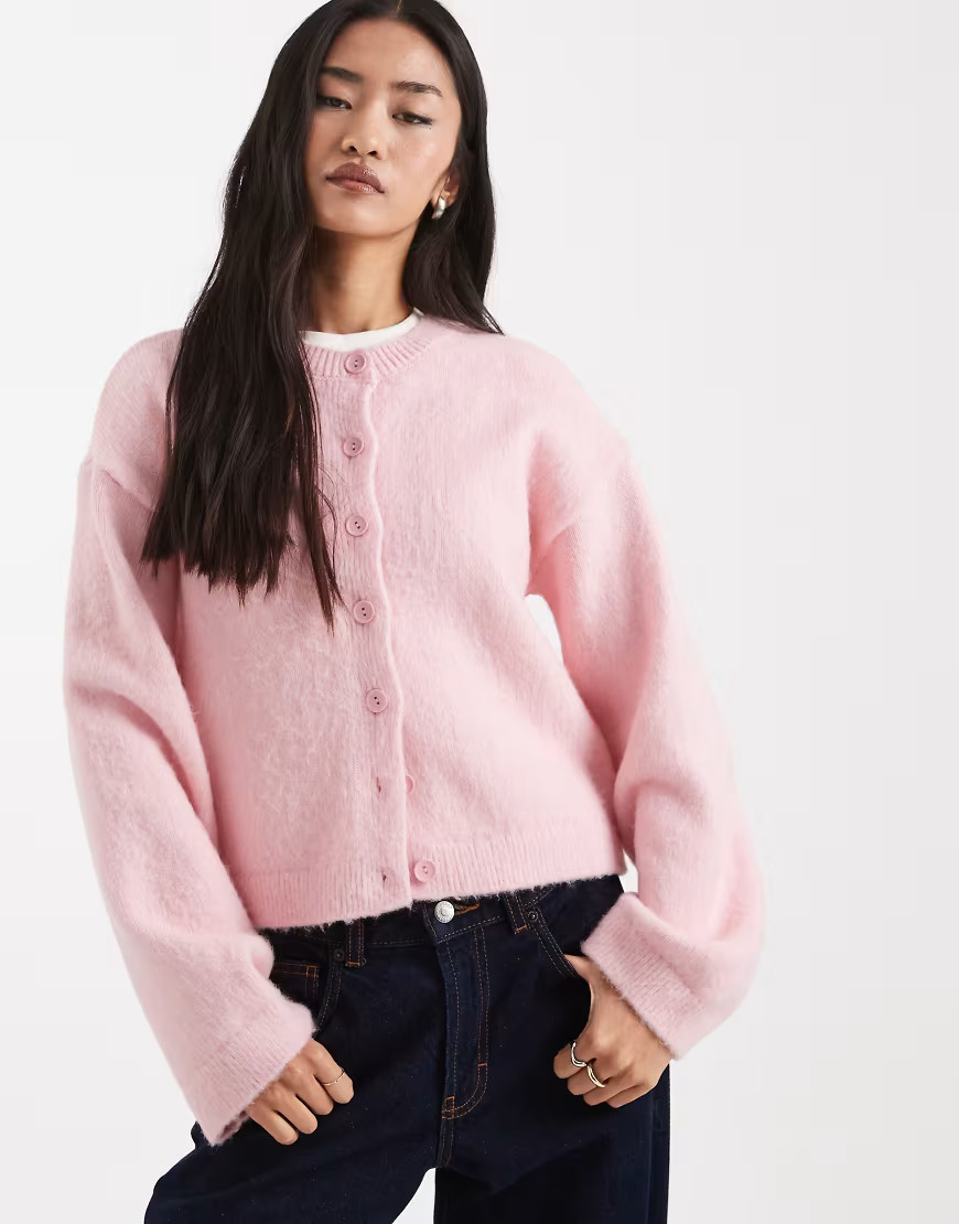ASOS DESIGN brushed knit cardigan in pink | ASOS (Global)