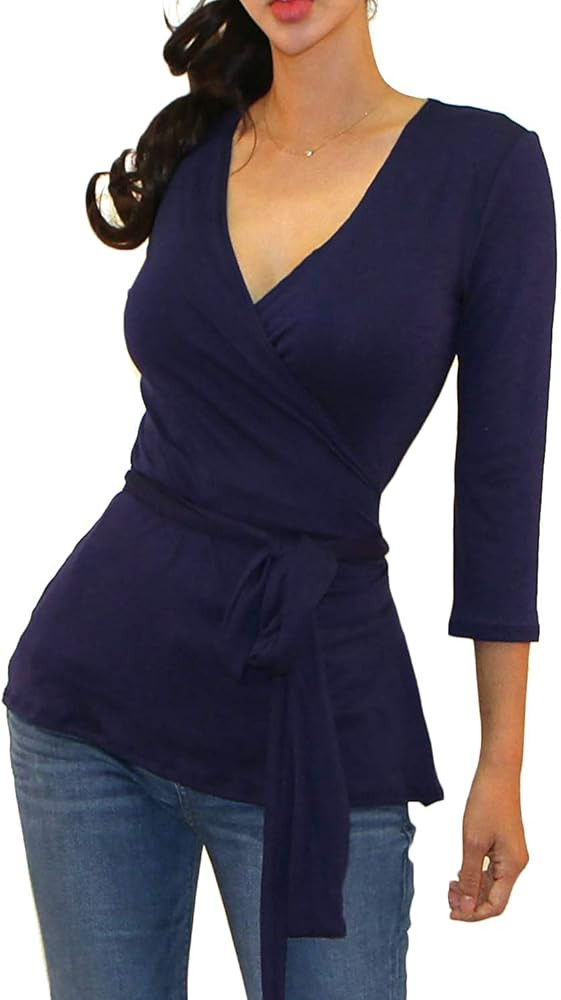 Vivicastle Women's USA 3/4 Sleeve V-Neck Waist Wrap Blouse Top (NT5, navy, Medium) at Amazon Wome... | Amazon (US)