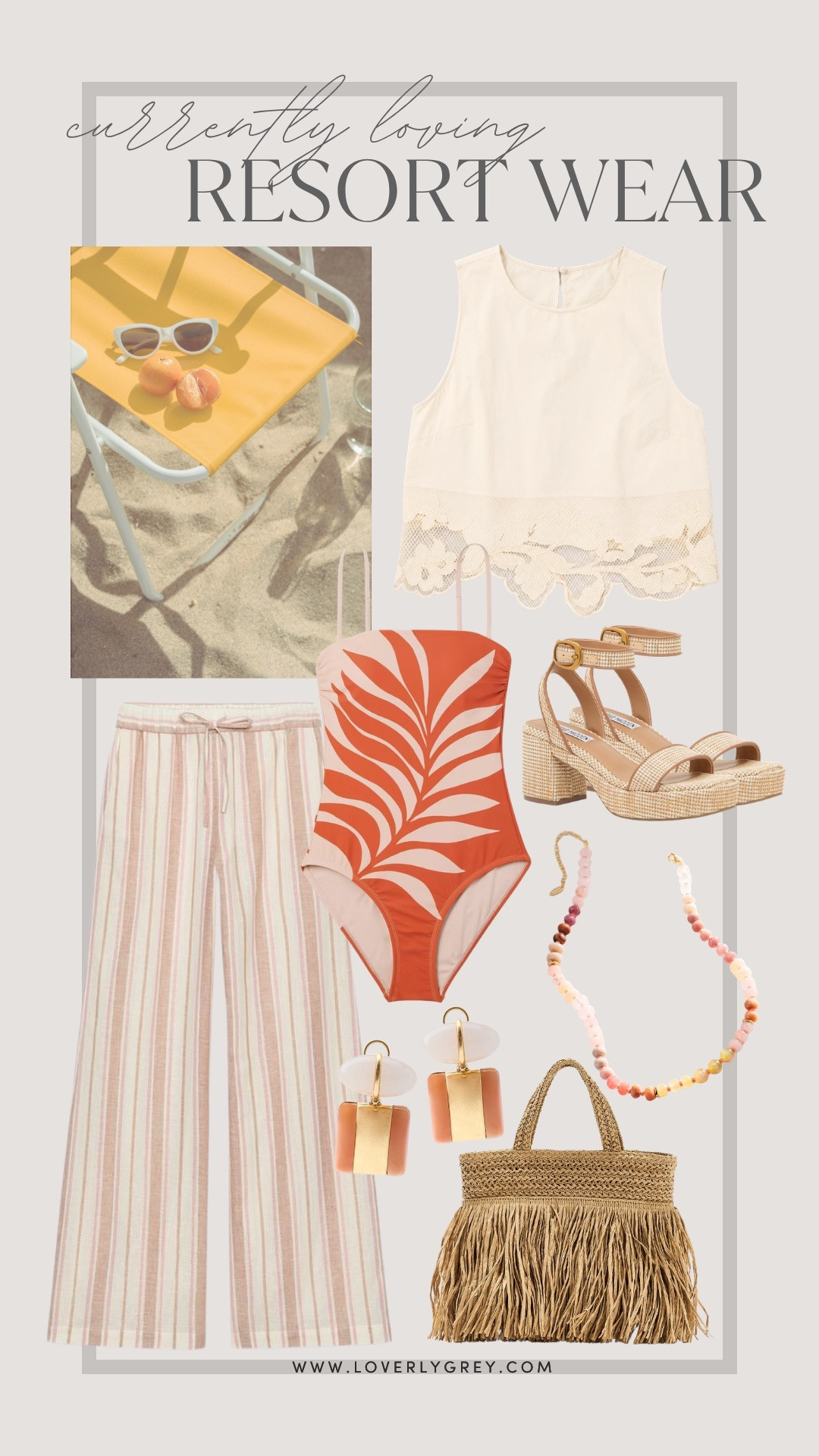 Resort-ready favorites for sunny days ahead. ☀️🌴 From the tropical one-piece to breezy striped pants and woven accessories, this look is made for beach vacations and poolside lounging.

Loverly grey, resort wear, vacation outfit, beach style, one piece swimsuit, striped pants, raffia bag, tropical style, summer fashion, cruise outfit, coastal chic 

 #LTKSeasonal #LTKSwim #LTKTravel
