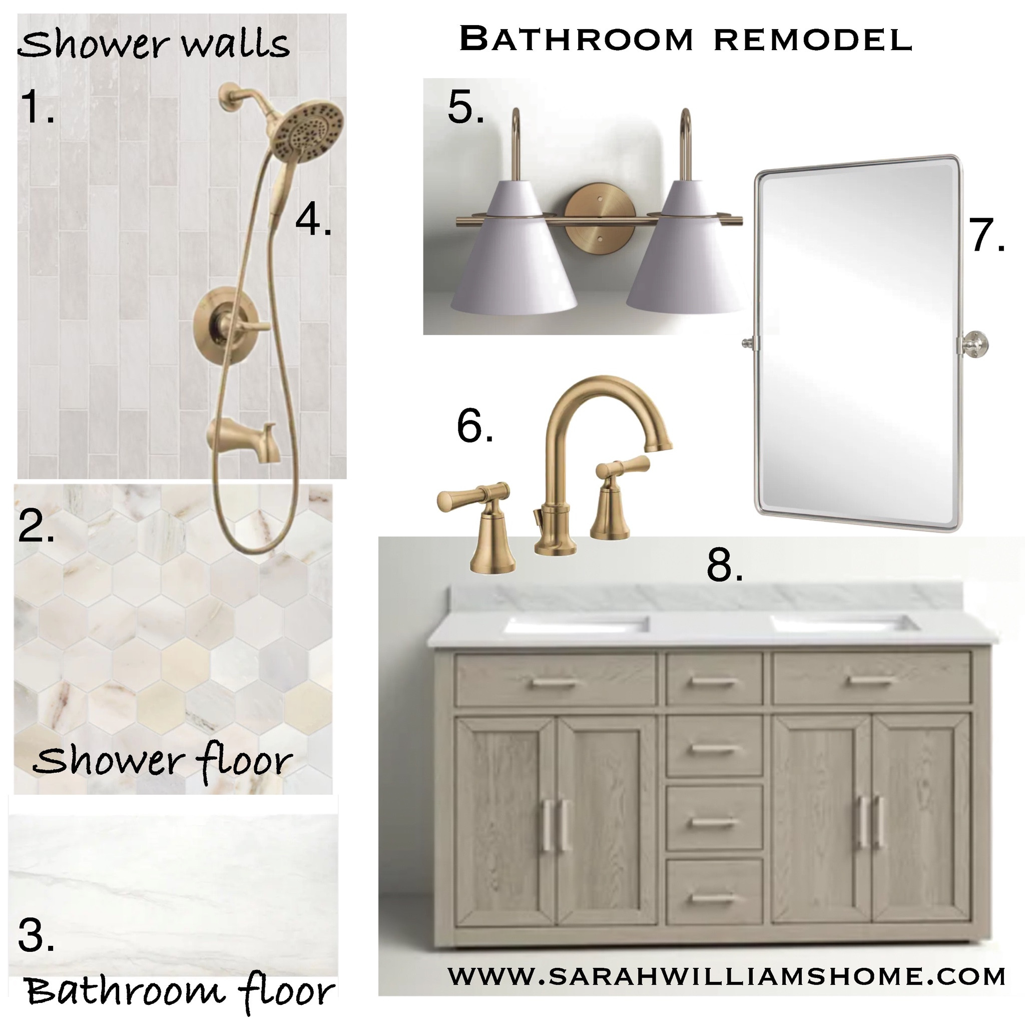 Bathroom renovation remodel wayfair vanity 60” cloe tiles dupe lowes marble quartz inspo champagne bronze brushed nickel hardware fixtures sconce wood gray alabaster grout 

#LTKhome