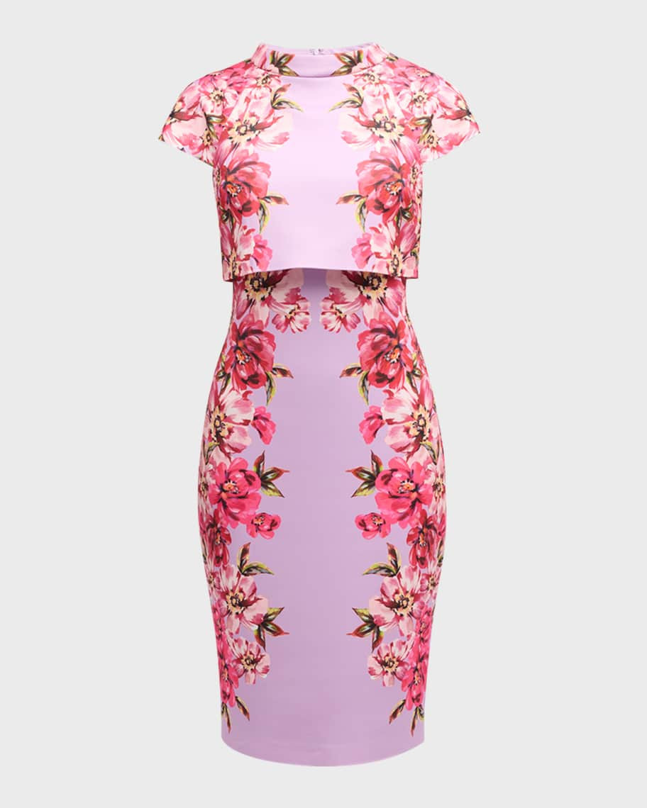 Badgley Mischka Collection Floral-Print Funnel-Neck Bodycon Midi Dress | Neiman Marcus