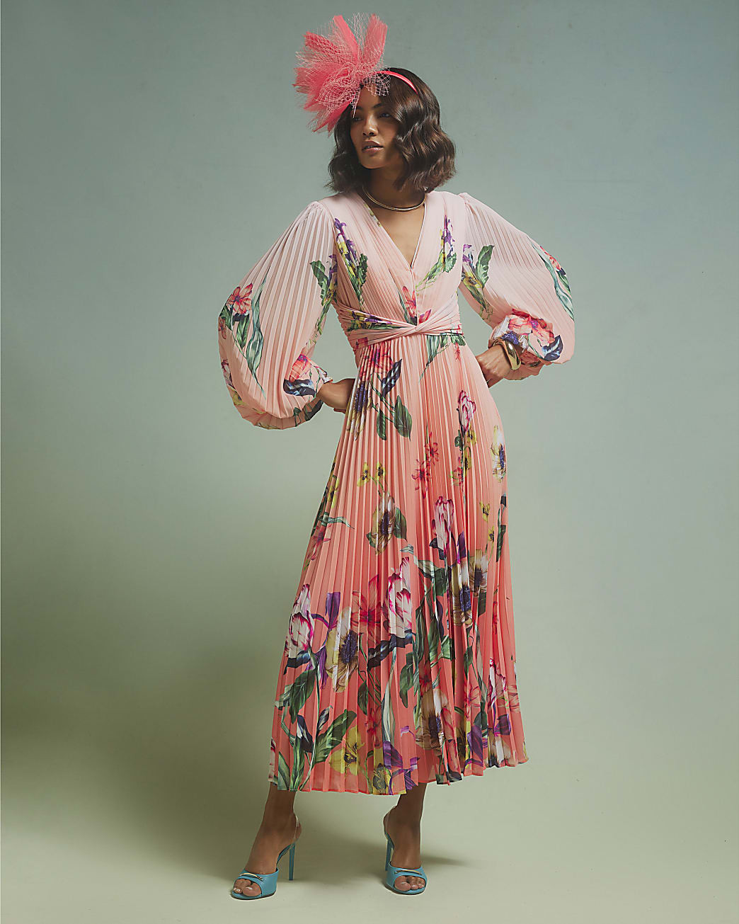 Pink Premium Plisse Floral Midi Dress | River Island UK & IE