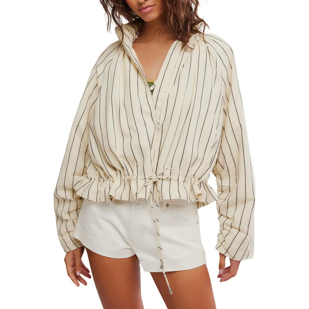 Free People Devon Stripe Ruffle Hem Jacket in Ivory Combo at Nordstrom, Size Small | Nordstrom