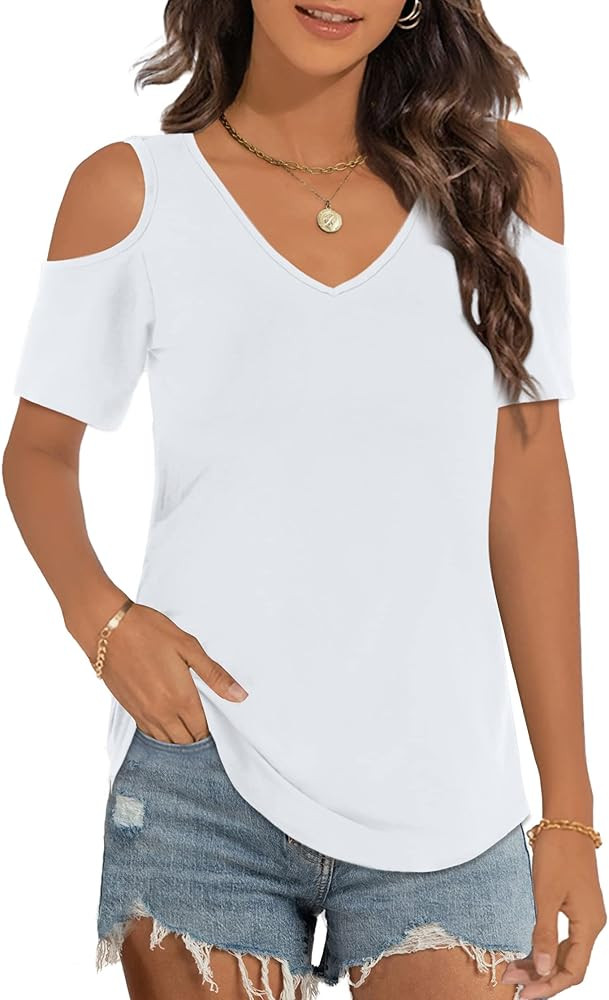 Elesomo Womens V Neck Cold Shoulder Tops Short/Long Sleeve Summer T Shirts Basic Tees | Amazon (US)