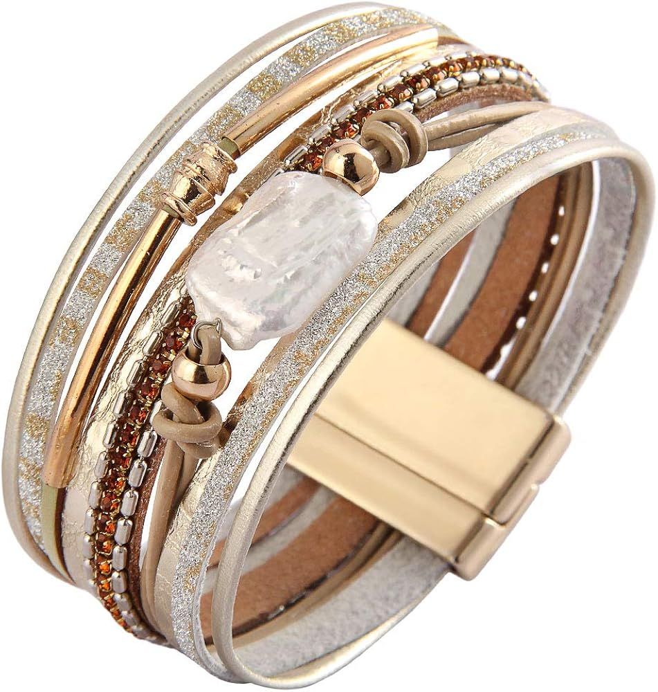 AZORA Womens Leather Cuff Bracelet Baroque Pearl Wrap Bracelets Gorgeous Gold Tube Bangle Handmade W | Amazon (US)