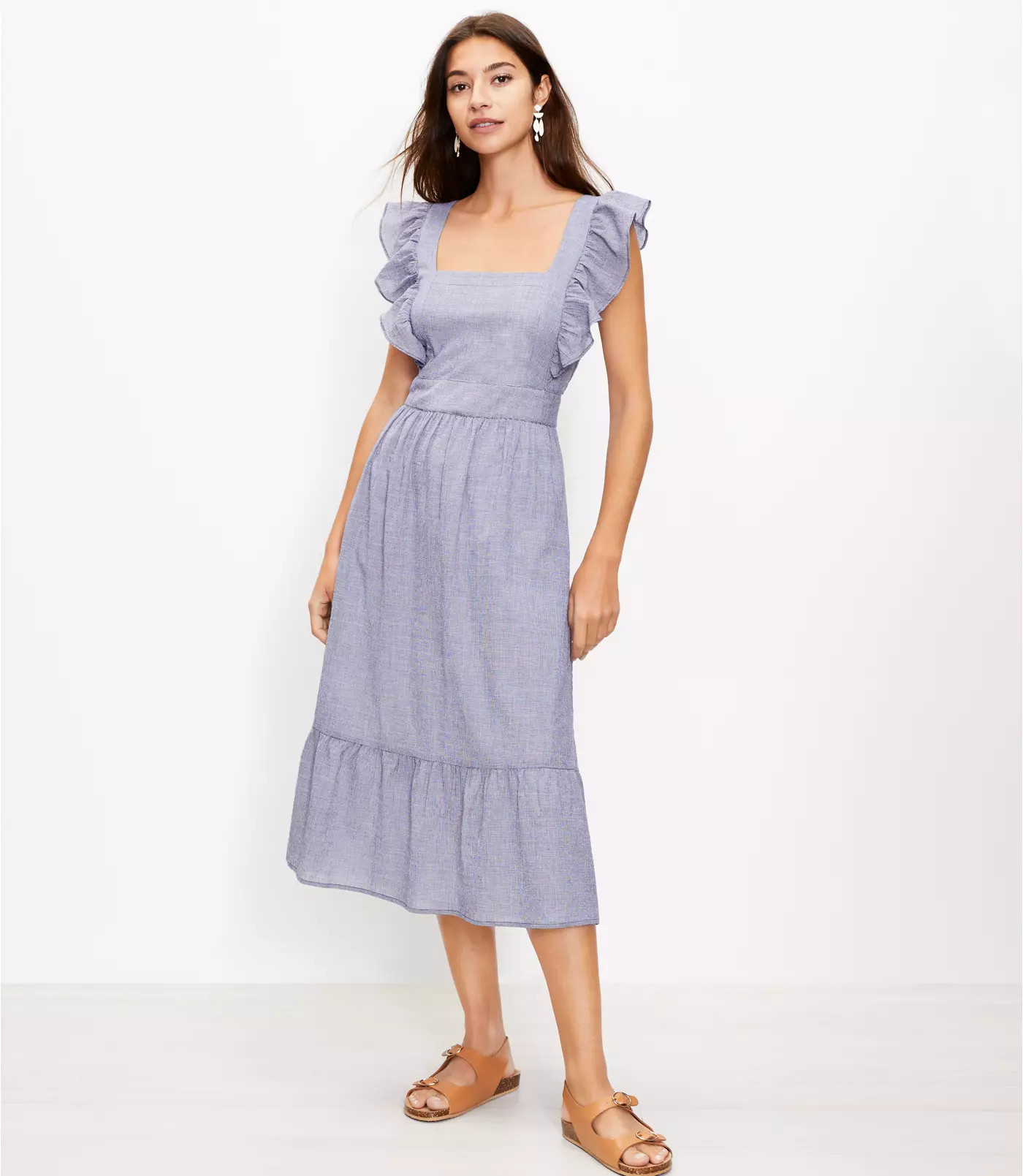 Checked Ruffle Cutout Back Midi Dress | LOFT | LOFT