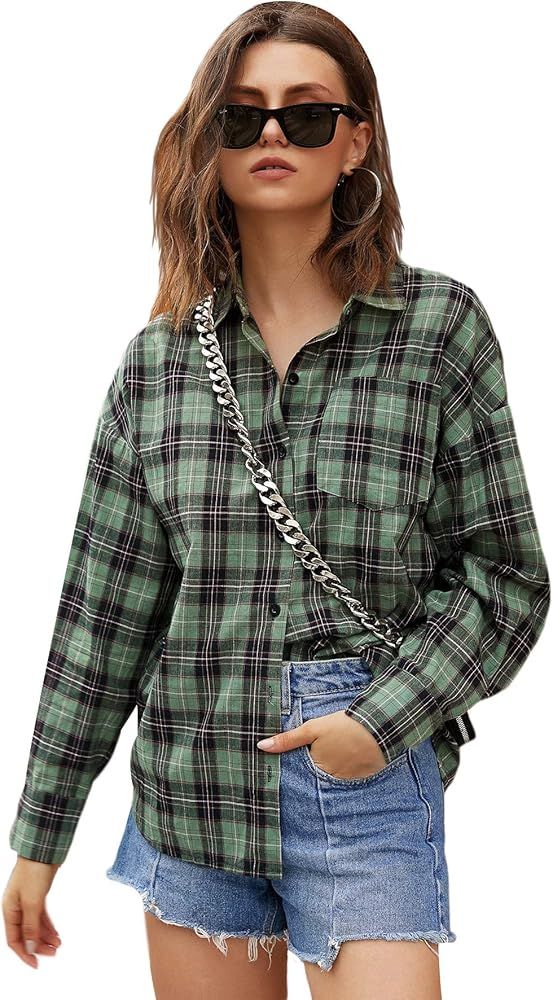 SweatyRocks Women's Long Sleeve Collar Long Button Down Plaid Shirt Blouse Tops | Amazon (US)