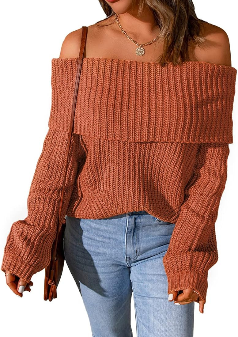Potany Women's Pullover Sweater Long Sleeve Off Shoulder Casual Winter Solid Loose Knit Jumper To... | Amazon (US)