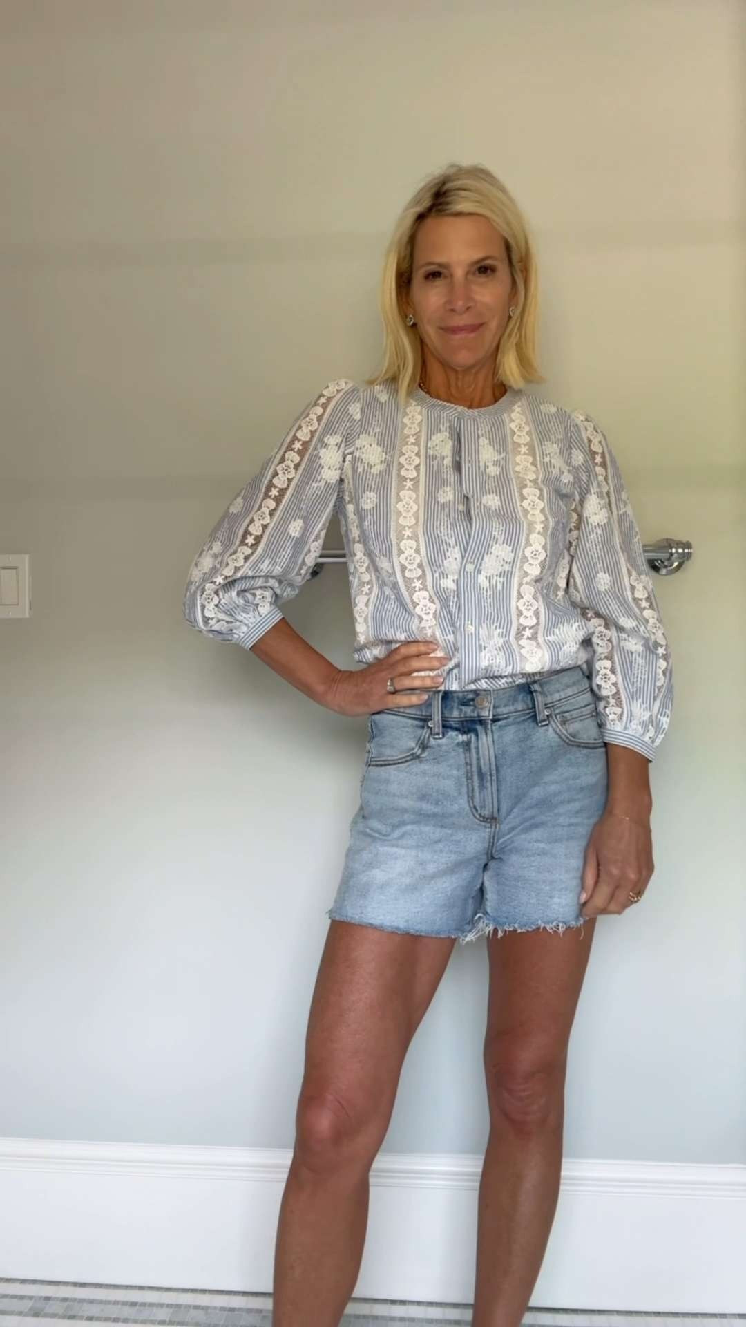 Lace Blouse and Denim Shorts Summer Outfit. 

 #LTKootd #LTKSeasonal #LTKOver40