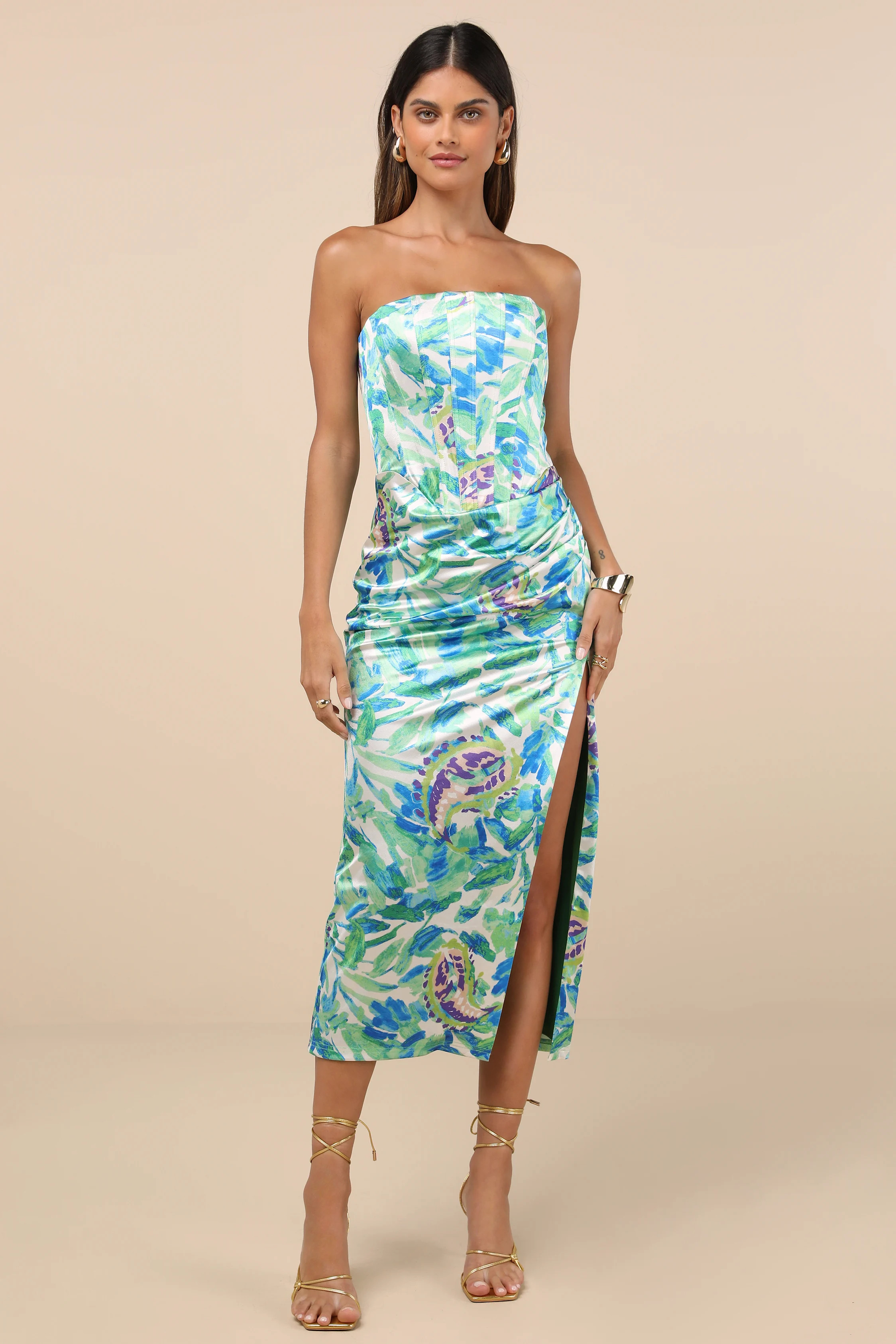 Deasia Green and Blue Floral Bustier Midi Dress | Lulus