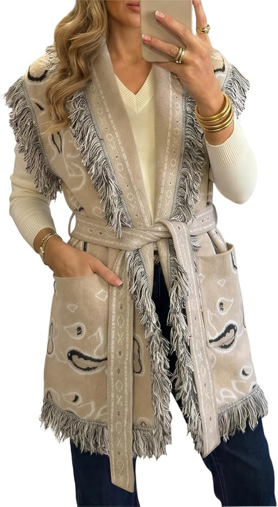 Saodimallsu Womens Sleeveless Long Cardigan Sweaters Fringe Shawl Collar Boho Paisley Wrap Belted... | Amazon (US)