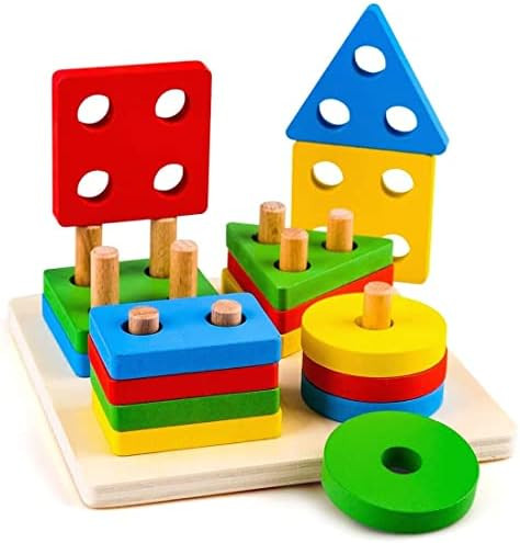 Montessori Toys for 1 to 3-Year-Old Boys Girls Toddlers, Wooden Shape Sorter & Stacking Toys, Col... | Amazon (US)