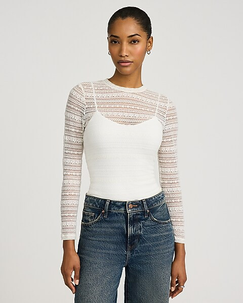 Lace Crew Neck Long Sleeve Tee | Express