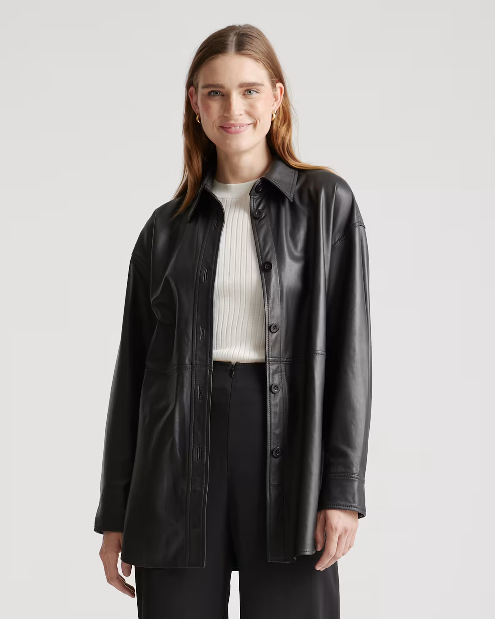 100% Leather Shirt Jacket in Black | Quince