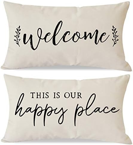 PANDICORN Set of 2 Farmhouse Pillow Covers 12x20 with Words Welcome This is Our Happy Place for Home | Amazon (US)