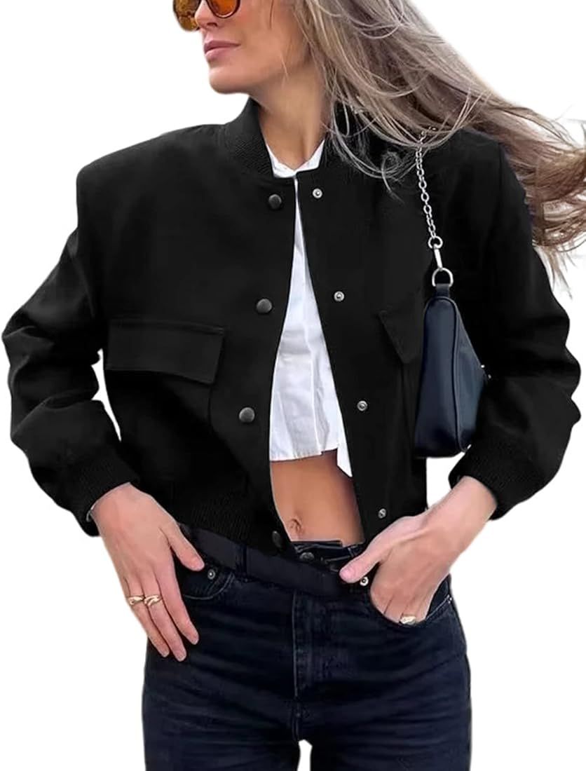 Yimoon Women's Lightweight Cropped Bomber Jacket Casual Long Sleeve Varsity Jacket with Pocket Fa... | Amazon (US)