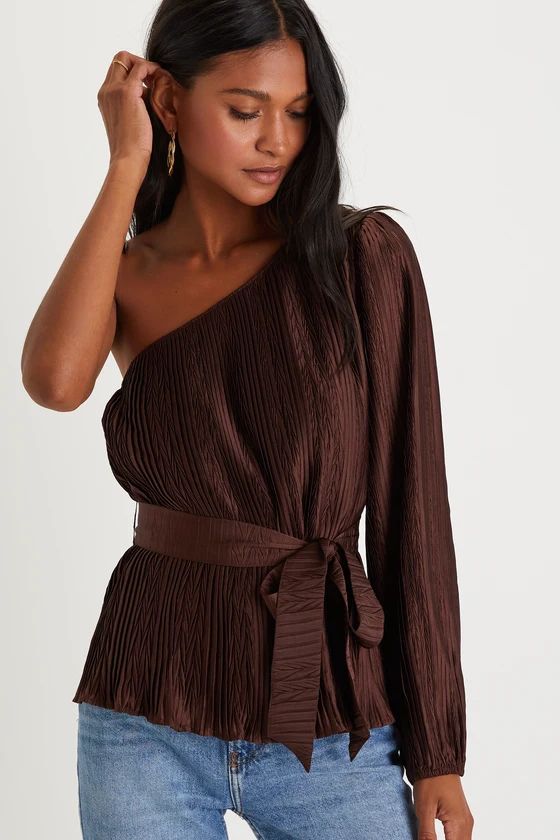 Charming Details Dark Brown Textured Plisse One-Shoulder Top | Lulus (US)