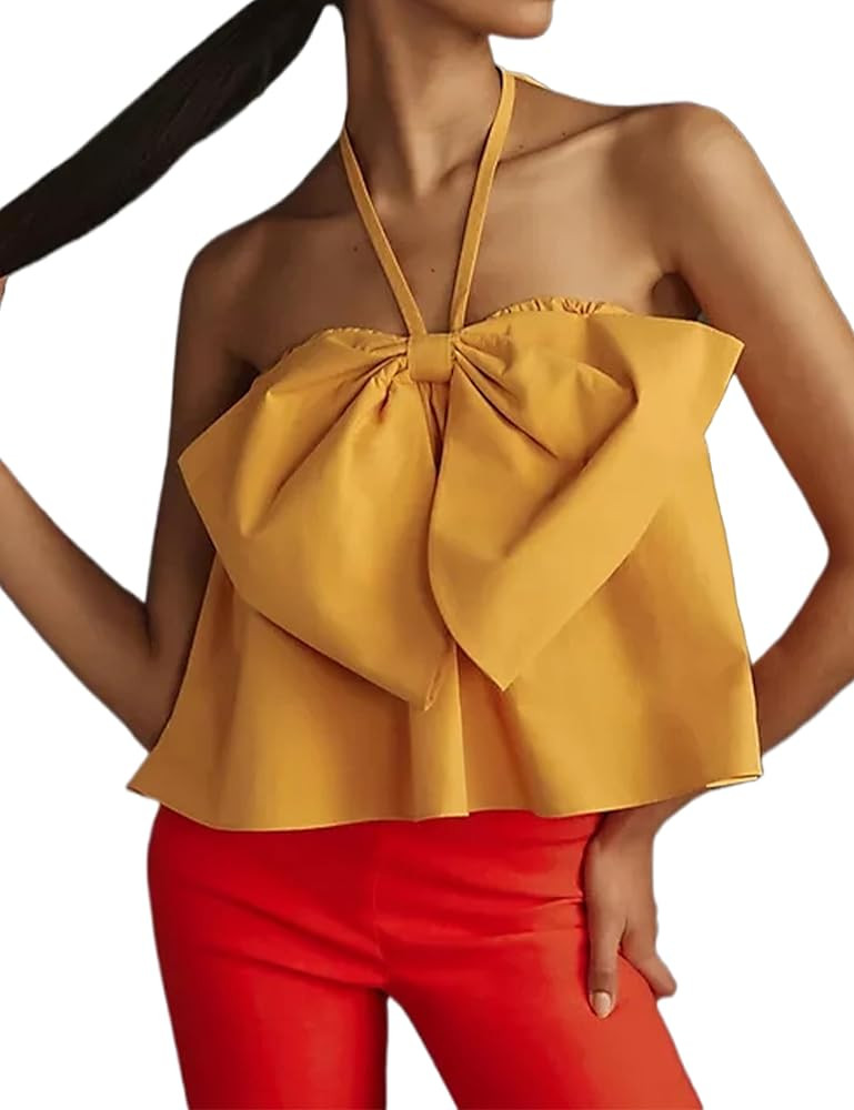 Meladyan Women’s Bow Knot Tie Back Halter Top Sleeveless Backless Pleated Tube Top Solid Loose ... | Amazon (US)