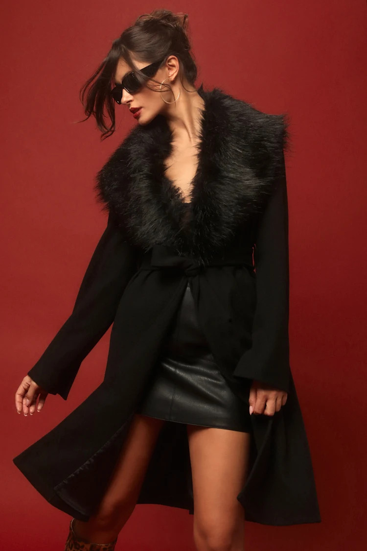 Essential Sophistication Black Faux Fur Collar Belted Coat | Lulus