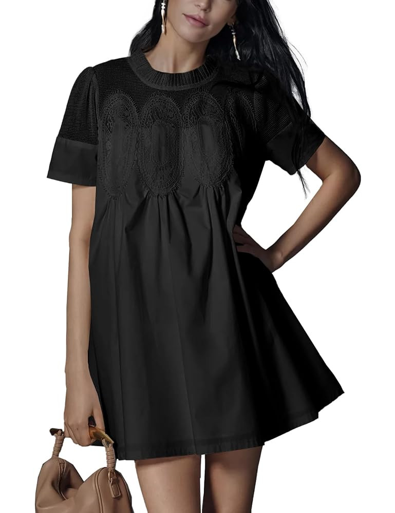 Shiyifa Womens Babydoll Lace Patchwork Dresses Summer Short Sleeve Ruffle Sundress Loose Crew Nec... | Amazon (US)