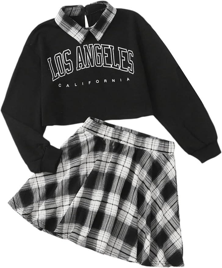 WDIRARA Girl's 2 Piece Letter Graphic Print Collar Sweatshirt and Plaid Skater Skirt Set | Amazon (US)