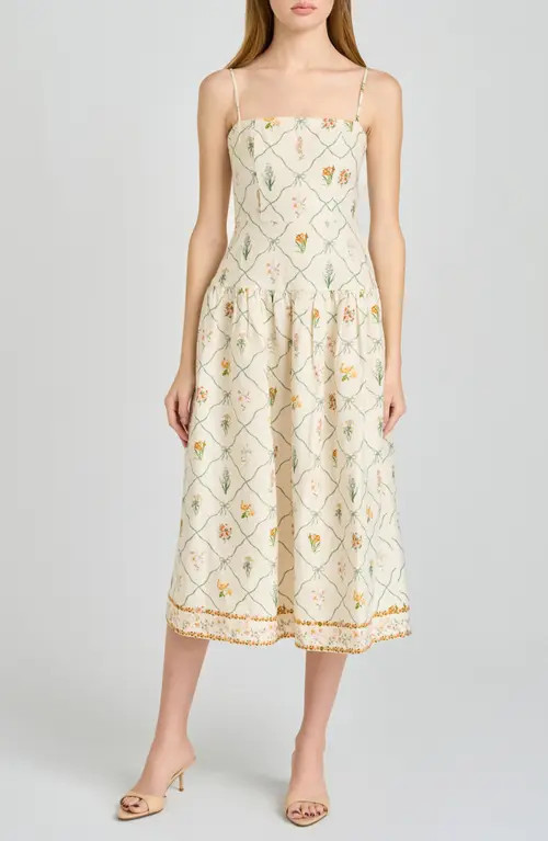 WAYF Juliet Print Linen Blend Midi Sundress in Ivory Botanical at Nordstrom, Size Medium | Nordstrom